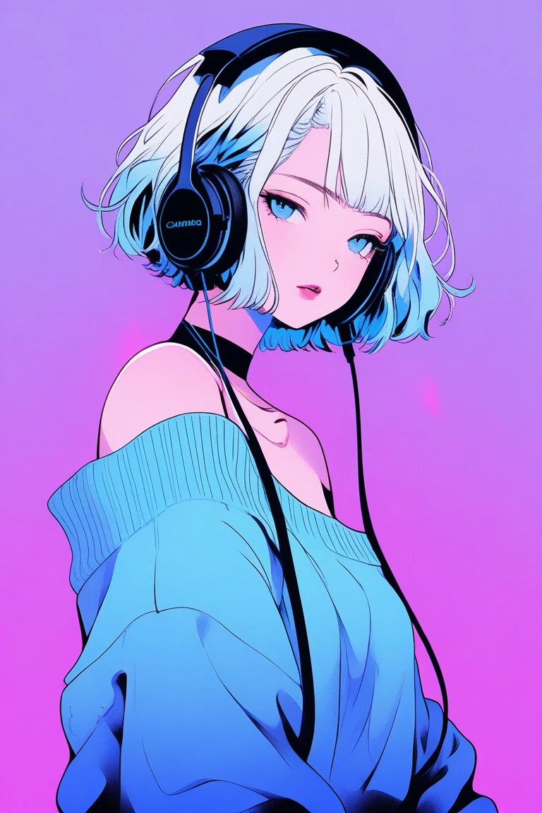 Illustrator, anime , Realistic ,sketch , 1 person, ,lip, Off-the-shoulder sweater, (((whole body))), order, Blue gradient background, Neon Short Hair,Wearing headphones, Texture Trim, Canadian, (masterpiece,Highest quality) cancer