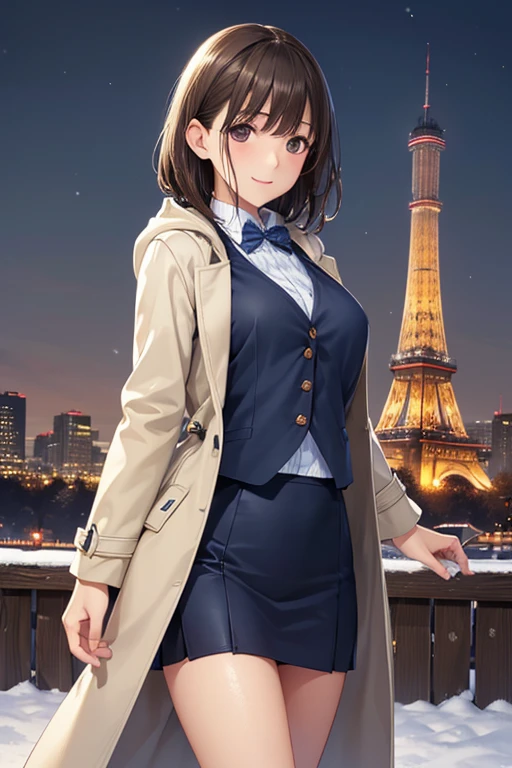 anegasaki nene、Shiny brown hair, short hair, (Beautiful brown eyes、Sparkling eyes, Fine grain)、smile、Ultra-detailed eyes、Very detailedな顔, Very detailedな目,
((((Perfect Anatomy, ultra high density skin)))), 1 person,
((White collared shirt, Navy Blue Vest, dark blue micro mini pencil skirt), Mid Boots, (Beige hooded coat, Open the coat yourself)), とてもsexy, Wet crotch, Captivating thighs, ,
(Beautiful views), winter, Midnight, Hokkaido, Sapporo, Chase Park, crowd, Christmas, Christmas tree, illumination, TV Tower, snow, snowfall:1.7, Frozen Weather, Frost,
(8k, Highest quality, masterpiece:1.2, Very detailed), (Realistic, photoRealistic:1.3), Beautiful illustrations, Cinema Lighting,sexy