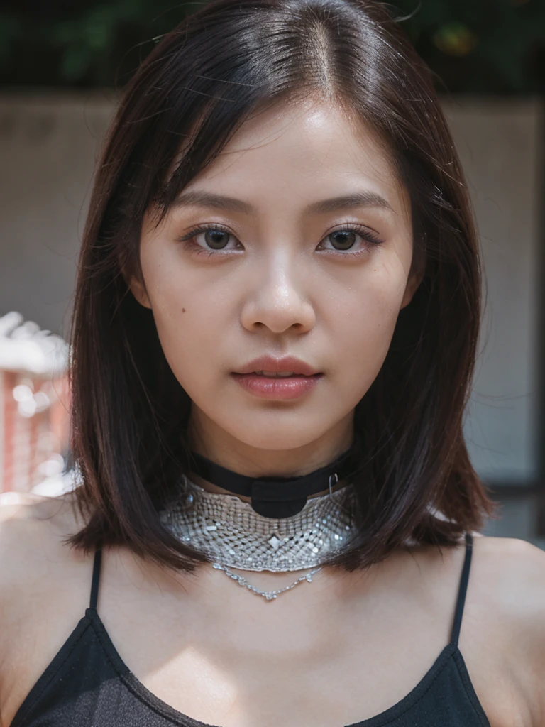 Prompt: Inspired by Michelle Chen (Michelle Chen), beautiful and attractive, 25-year-old Thai-Chinese lady, 162-centimeter height, natural-ivory skin tone, perfect face, small eyes, black eyes, ((Chinese droopy and monolid-eyes)), (clear-detailed eyes), centered-focus eyes, natural-gloss full lips, no-makeup looks, (2024 new-trend long bob haircut), ((pink, lavender and silver highlights on black hair)), (clear-detailed hairs), hourglass-slim figure, narrow shoulders, long neck, slim waist, rich-detailed skin texture, skin detention, (white crop-tops), high-waist blue skinny-denim, ((too-tight black color heart choker)), ((fine-detailed choker)), talk to the camera, sexy and funny in her eyes, studio portraiture, studio lighting, HDR, side view