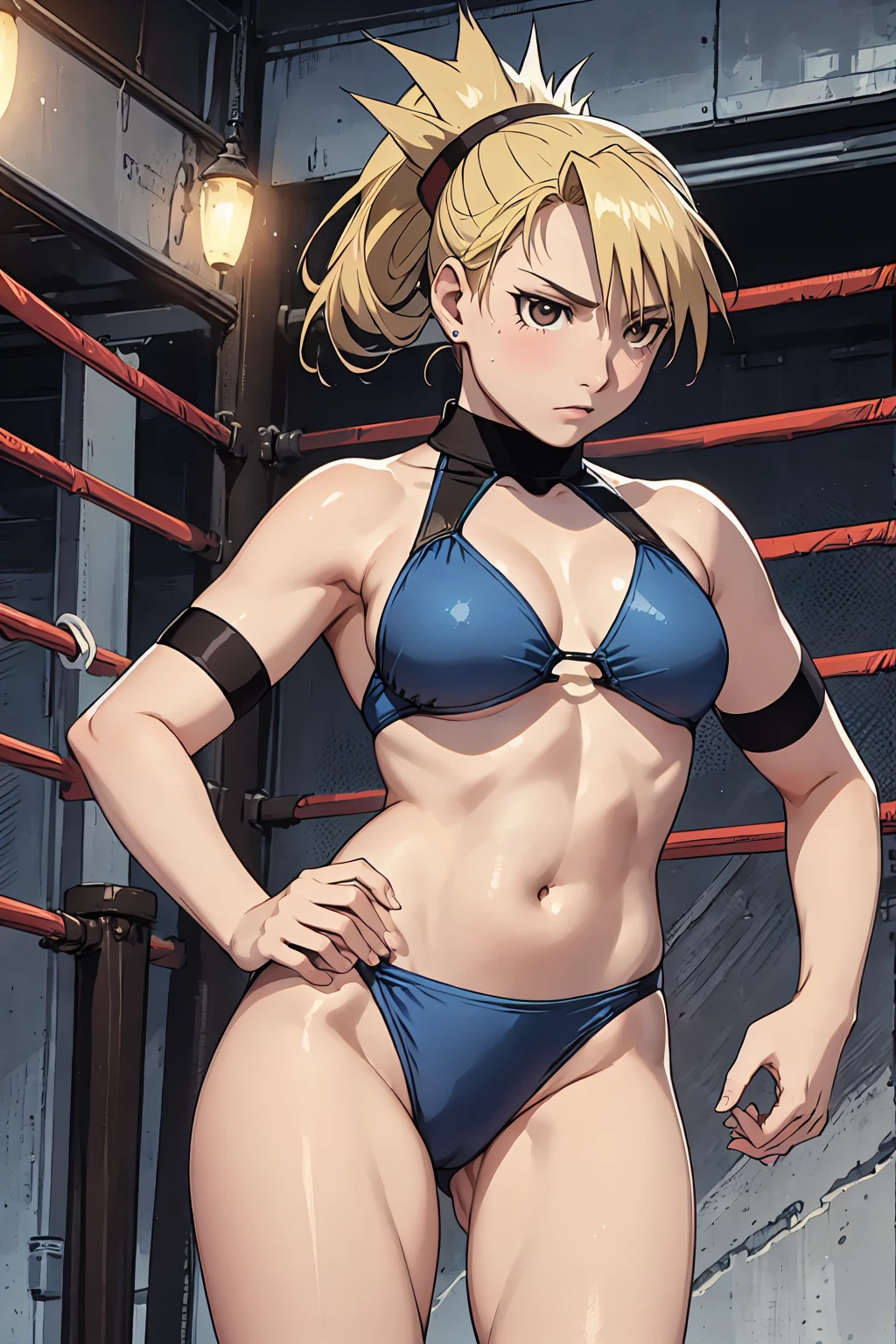 masterpiece, Highest quality, High resolution, One Girl, Hamriz, ponytail, Brown eyes,big , マイクロbikini、Cowboy Shot、Muscular body、blush、Sweat、Composition from the front、anime、(((Light blue bikini、Stand in front、audience、Shaking breasts、 Fully exposed、I-shaped balance、Spread your legs、kick、look forward to)))、((Wrestling Arena)), (Female wrestler), (Slender body, 発Sweat, tired), Mature Woman, Mature Woman, (bikini, Very sophisticated wrestling equipment)