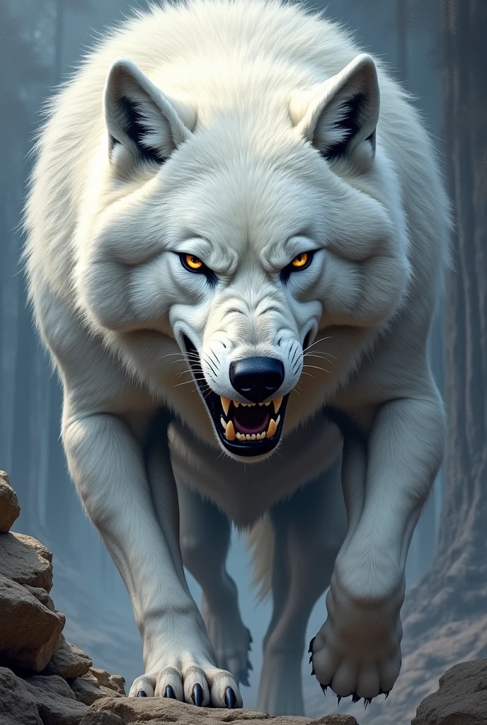 a muscular white wolf whose face can only be seen up to his shoulders, angry, intimidating and drawn to be painted on a mural