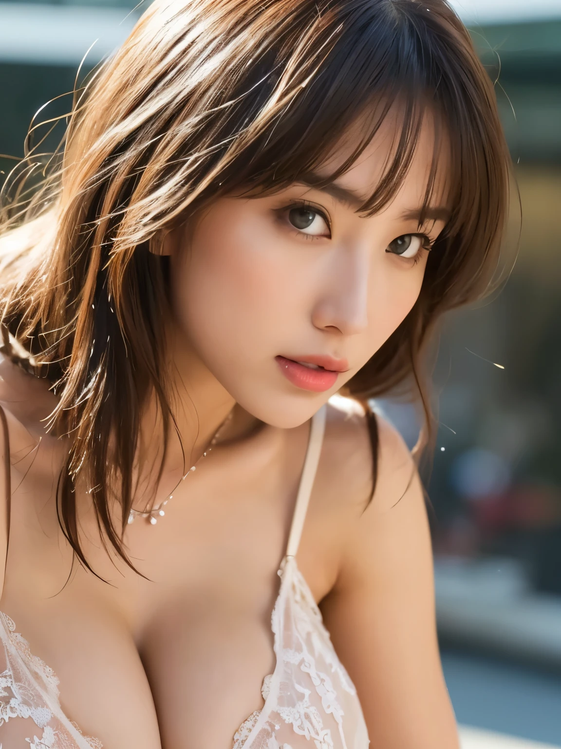 (Photorealistic、Masseter muscle area、Highest quality、High resolution、RAW Photos)、（full body, no cloth, glamorous body）Realistic、Bright lighting、Face Light、Smooth Professional Lighting、pretty girl、Beautiful woman、Modeled、gravure、natural makeup、so beautiful、Realistic and beautiful skin, Beautiful and detailed、Detailed face、Large Breasts++、Cleavage、(Random Hairstyle、random colored hair、bangs, Brown eyes, sexy face, looking at the camera)、take a picture, Seductive Pose, cowboy shot, angle from below, (high quality lingerie, Luxury lingerie,Random Color Lingerie) ,dynamic pose,look of impending kiss+++