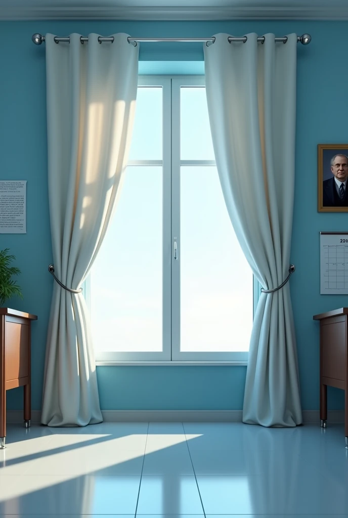 A want a wall with window and curtains which can resemble an office of school.the colour of wall should be blue and the window must be modern along with open curtain and I don't want any desk or table also add a calender and photo of Oppenheimer