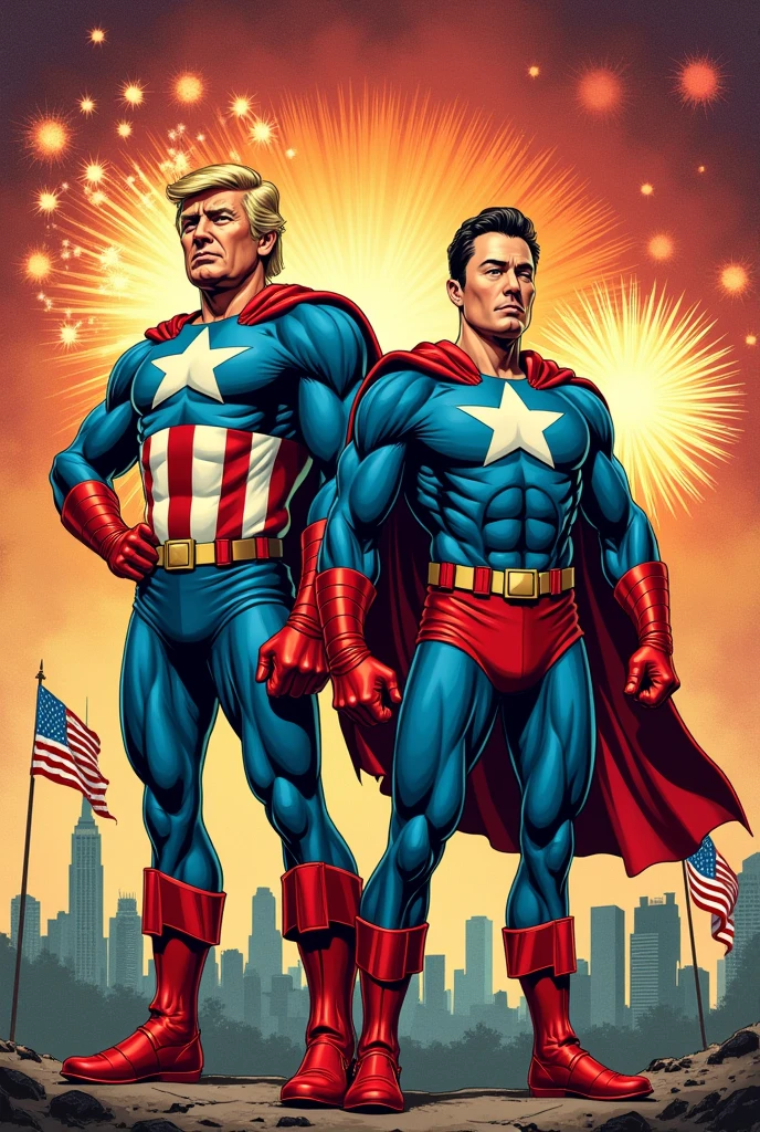 1960’s style comic book cover showing donald trump and  elon musk dressed as patriotic American superheroes —ar 5:8
