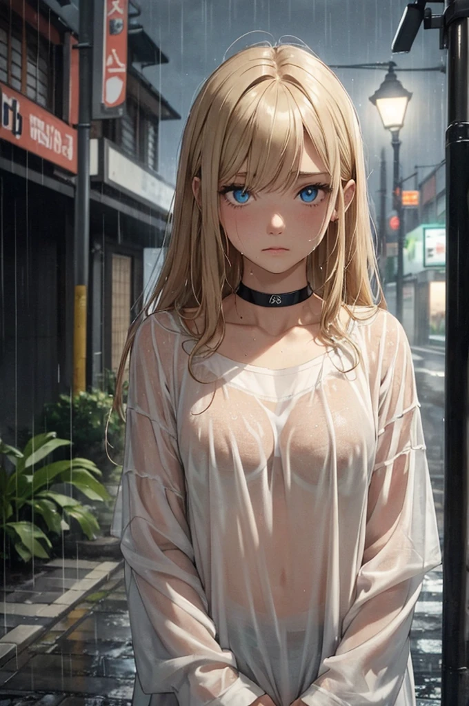 (master quality, amazing detail, amazing eyes), (nighttime) 1girl, outside in the rain at night time, she is standing underneath a lamppost, she is only wearing her sleepwear, she is soaked to the bone, short caramel blonde hair, B-cup breasts, small chest, choker, wearing nothing but a long T-shirt, depressing, view from above, pyjamas shirt, heavy rain, wet hair, very wet hair, miserable, sad, dark picture,