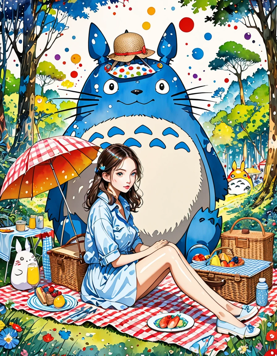 Takashi Murakami Style、(((stylish fashion))), 8K Quality、Intense watercolor, Detailed watercolor art, Watercolor splash, Surreal, avant-garde pop art, Beautiful and expressive paintings, Beautiful artwork illustration, Very colorful tones, wonderful, Cool beauty, highest quality、Official Art, Vector art, Stylish design, ((Totoro Forest)),(((The most beautiful girl))), (((picnic))), (((highest quality))), HDR, ((detailed)), (((Doodle Art)), ((masterpiece)), ((Super detailed)), (((Stylish))),