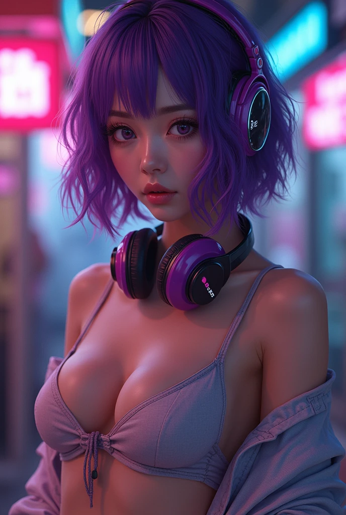 Korean purple hair butterfly woman with headphone and short shorts short outfit perfect body 