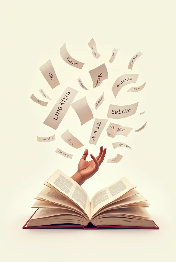 Image of an open book, with several pages flying around, all containing loose and free words, without chains or restrictions. No fundo, a hand extended towards the book, symbolizing the fight for freedom of expression and the dissemination of knowledge through words.