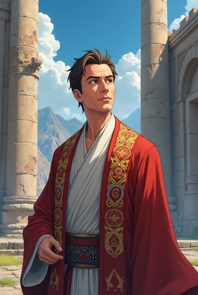 Man in priestly robes, middle-aged, priest, short brown hair, brown eyes, Ancient temple in the background, Anime Style
