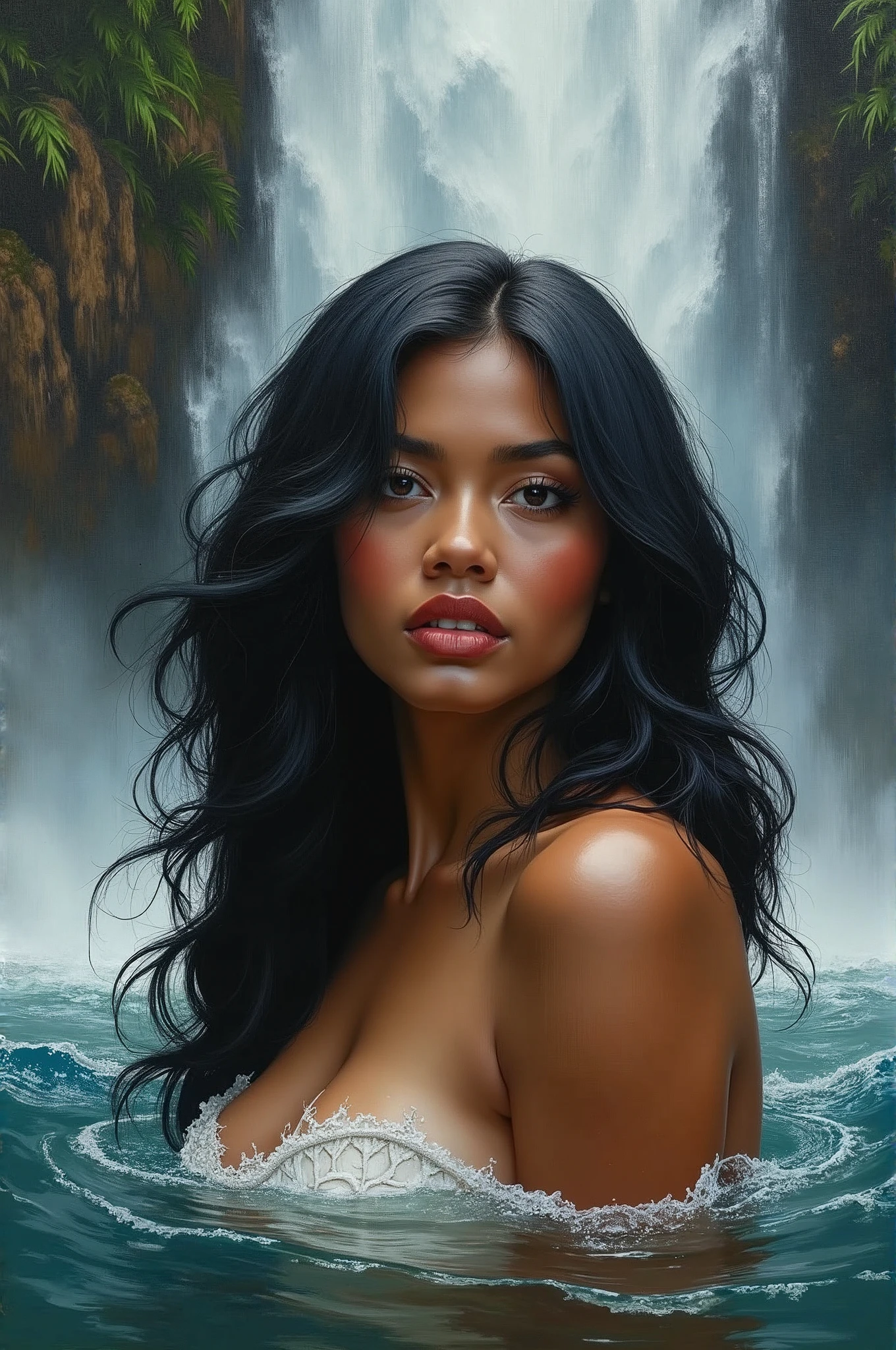 A beautiful, naked girl in a steaming hot spring surrounded by a wild jungle, her long black hair flowing in the water vapor, a sensual and erotic scene inspired by the art of Bill Sienkiewicz, masterfully rendered in the style of an oil painting, (best quality,4k,8k,highres,masterpiece:1.2),ultra-detailed,(realistic,photorealistic,photo-realistic:1.37),extremely detailed eyes and face,longeyelashes,beautiful detailed lips,beautiful detailed eyes,solo female,sensual,erotic,lascivious,nude,hot spring,jungle,water vapor,long black hair,oil painting,Bill Sienkiewicz
