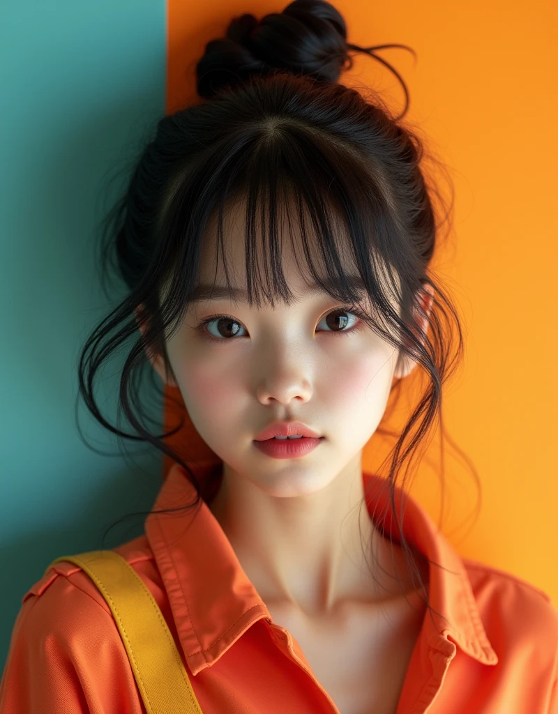 real photograph, (masterpiece), (highest quality), (Super detailed), (messy hair), (shape), (one japanese girl), (fashionable clothes), Are standing, Fashion Model, (interview), (simple turquoise orange background), fine and beautiful eyes, child-faced, floating, (high color saturation), focus on face, ponytail, black hair, bangs,floating Hairs, (shining), best writing, best shadow,stylish living room