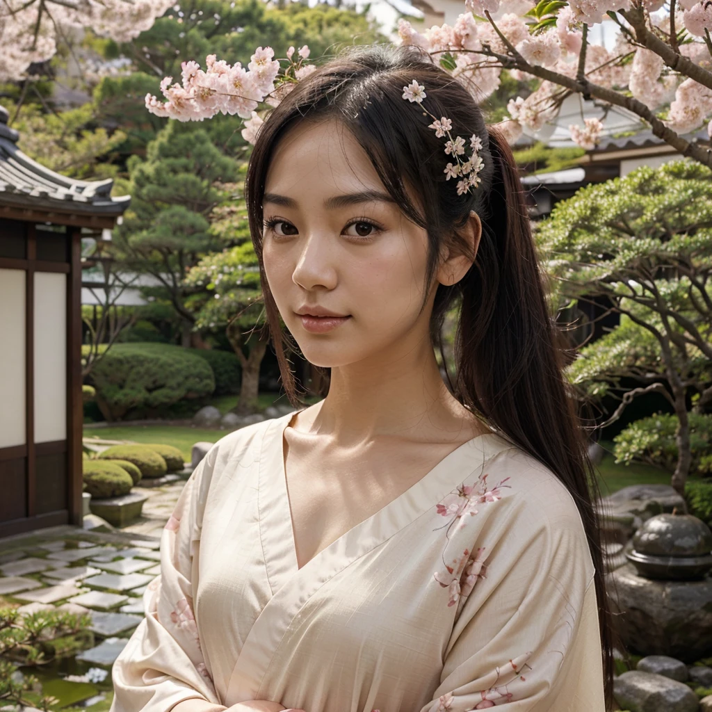 "A stunning young Japanese woman with porcelain skin, delicate facial features, and long, straight black hair. She has large, expressive almond-shaped brown eyes and a small, elegant nose. Her lips are full and naturally pink, with a subtle smile. She wears a traditional silk kimono in soft pastel colors, adorned with floral patterns. The background features a serene Japanese garden with cherry blossoms in full bloom, enhancing the peaceful and graceful atmosphere."