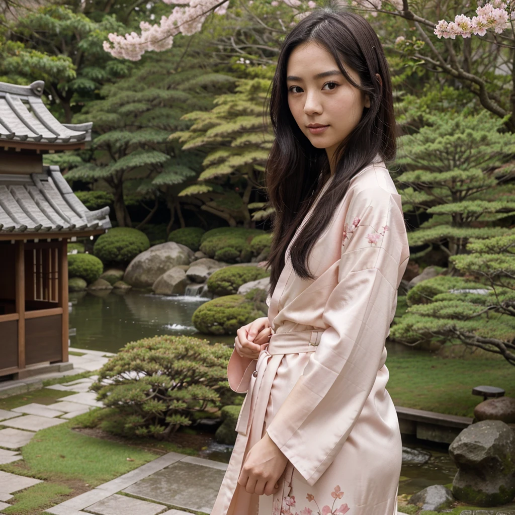 "A stunning young Japanese woman with porcelain skin, delicate facial features, and long, straight black hair. She has large, expressive almond-shaped brown eyes and a small, elegant nose. Her lips are full and naturally pink, with a subtle smile. She wears a traditional silk kimono in soft pastel colors, adorned with floral patterns. The background features a serene Japanese garden with cherry blossoms in full bloom, enhancing the peaceful and graceful atmosphere."
