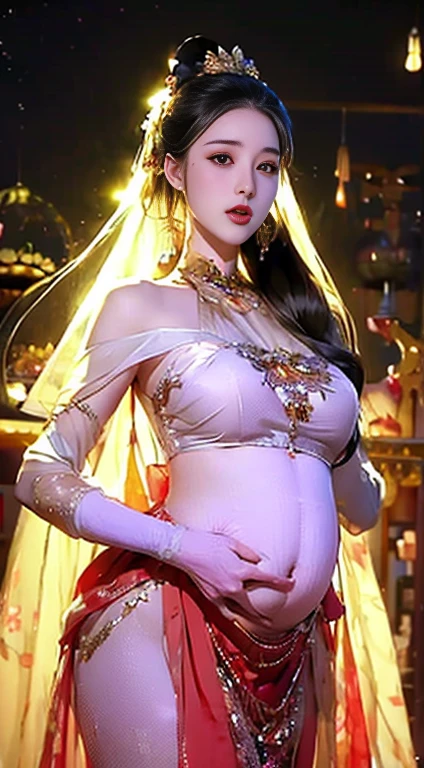 a picture、​masterpiece、top-quality、nffsw、hight resolution、realistic detail、40k、hyper realisitic、Photoreal Stick、nffsw、Hi-Res、Cowboy Shot、accurate anatomy、one girls、((25-years old))、(Pregnant women)、(Big belly)、(Big belly that is not cracked)、(with round face)、(Beautiful face)、A detailed face、Unevenness of the skin、huge-breasted、Brown-eyed、(The long-haired、A darK-haired、Very straight hair:1.4、hime-cut:1.4)、Navel、One navel、phi、Earring Necklace、kindly smile、 glistning skin、mature figure、Plump body、voluptuous breasts、perfect bodies、Wide waist、looking at the viewers、facing the front there、Maximum 4 fingers and 1 thumb relationship, 
Gilded Chinese Palace,Look at viewers,depth of fields,bokeh dof,light falling, See-through red dress、Cherry blossoms are blooming、a lot of cherry blossom、 (see-through underware)、watercolor paiting、Traditional Media、(chromatic abberation、intricate detailes)、dynamicposes、dynamic ungle、Angle from below、ancient Chinese costume、Ancient Chinese style hairstyle、up hairstyle、Wearing see-through white silk cloth all over、