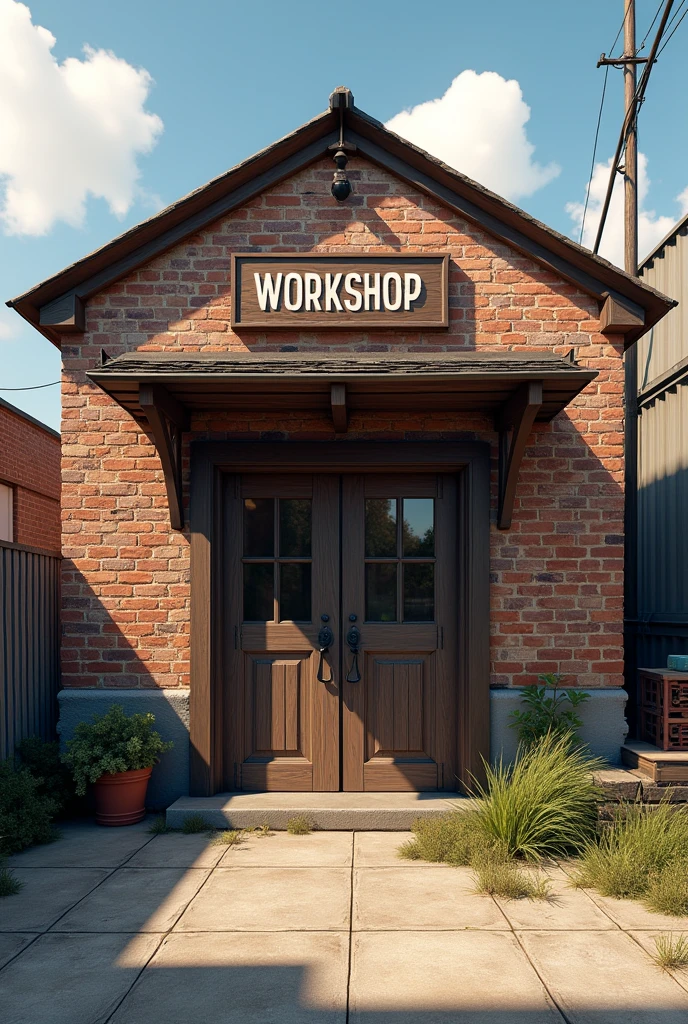 I would like a picture of the front of the workshop based on the information I have already given you in the previous pictures.