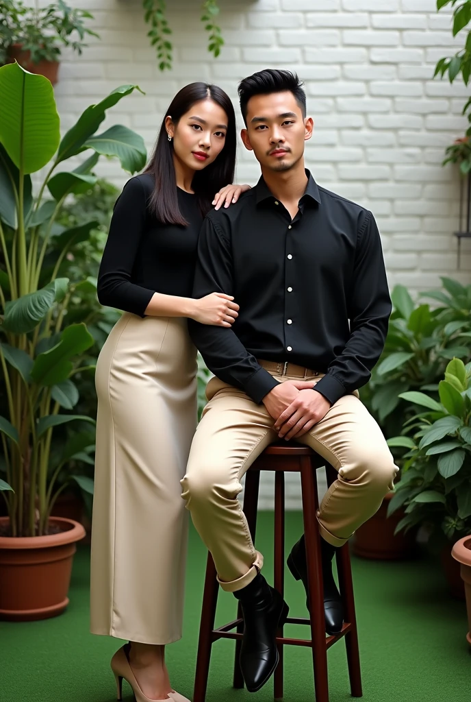 The image shows a couple posing in a lush, green, indoor garden setting. The woman stands to the left, slightly leaning into the man who is seated on a tall stool. She has her left hand gently placed on his right shoulder and his arm resting on her waist. She is dressed in a simple, elegant outfit: a black short-sleeved top tucked into a long, high-waisted cream-colored skirt that reaches down to her ankles. She is wearing nude-colored, low-heeled shoes. The man is seated on the stool with his hands resting on his knees. He is wearing a casual yet neat outfit: a dark, long-sleeved shirt with the sleeves rolled up, beige chinos, and black ankle boots. He looks straight into the camera with a calm expression. The background is filled with various green plants and shrubs, creating a serene, natural atmosphere. The white brick wall behind them is partially visible through the foliage, adding a subtle contrast to the greenery. The floor is covered with green artificial grass, which, combined with the plants, gives the space an almost outdoor-like feel despite being indoors. Overall, the composition of the image is intimate and tranquil, with the couple's close proximity and the lush, vibrant greenery surrounding them contributing to a warm and peaceful mood. The woman has a delicate and refined facial structure with soft features. Her face is slightly oval, and she has high cheekbones that subtly enhance her gentle expression. Her complexion is fair, and her skin appears smooth and flawless. Her dark hair is neatly pulled back, accentuating her slender neck and graceful posture. Her eyes are almond-shaped, and she has a serene, almost serene gaze directed towards the camera, giving her a composed and calm appearance. Her lips are naturally full and slightly curved into a gentle, content smile. The man has a more angular facial structure, with a strong jawline and prominent cheekbones. His broad face and dark, thick hair, neatly styled, frame his features well.He is dress