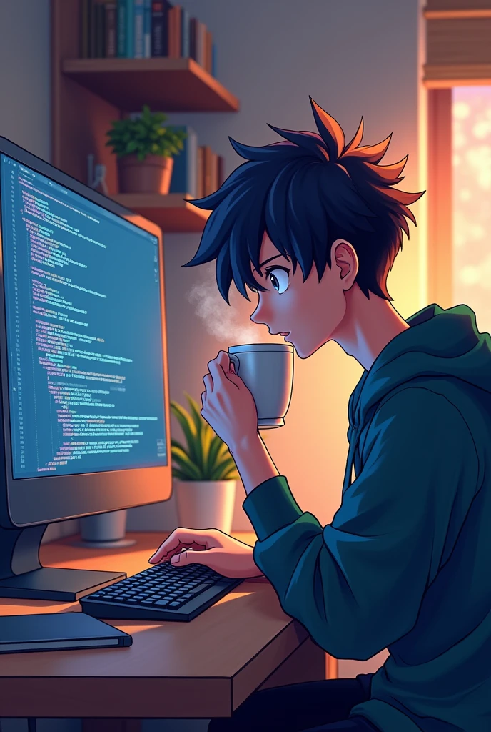 Create a picture where anime boy is writing code of JavaScript on his computer and drinking coffee