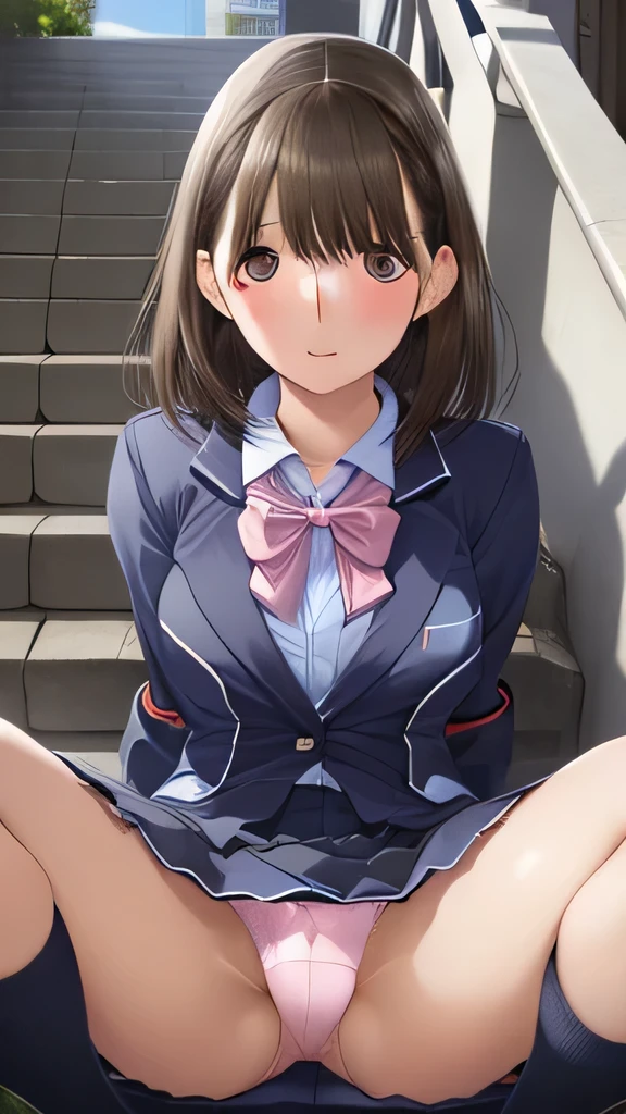 ((Tabletop, Highest quality, High resolution, Hmph, Pixel perfect,  4K, ))), One Girl, single, alone, Beauty、The whole body is visible、 ((Mid-wave hair, bangs, Brown Hair)), ((Brown eyes, Beautiful eyelashes, Realistic eyes)), ((Detailed face, blush:1.2)), ((Smooth texture:0.75, Realistic texture:0.65, Realistic:1.1, Anime CG style)), Medium chest, Dynamic Angle, Perfect body,  ((Red bow tie, school uniform, Black jacket, Open jacket, Brown cardigan, White shirt, Black Skirt, Checked skirt)), City stairs、Looking up from the bottom of the stairs、Very embarrassing panic smile, Sit on the stairs、(The wind blew up her skirt, exposing her buttocks....................................、、Spread your legs、Open both knees、Light pink floral lace panties)、