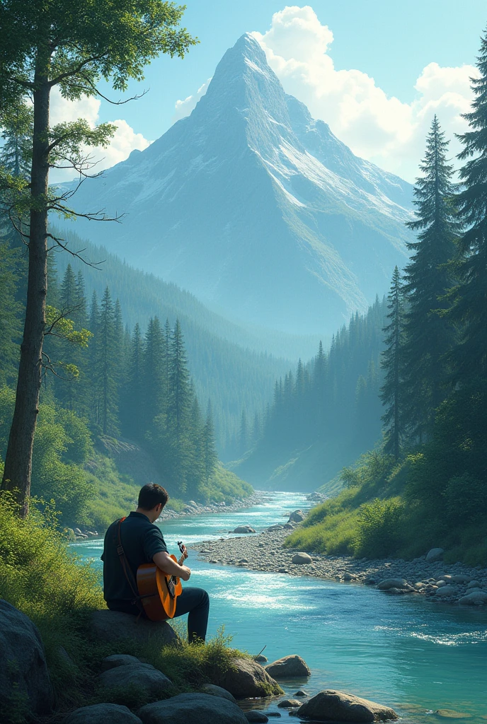 SCENERY HILL,MOUNTAIN ,STREAM ,RIVER FORECT AND A MAN PLAYING GUITAR
