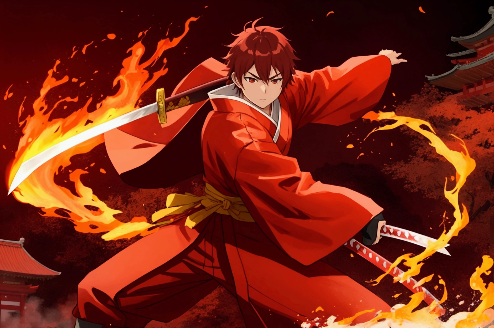 Japanese anime swordsman wearing a red outfit, a red robe, standing in front of a Japanese village, holding a red sword on fire, using the ultimate move, the Fire Dragon move.