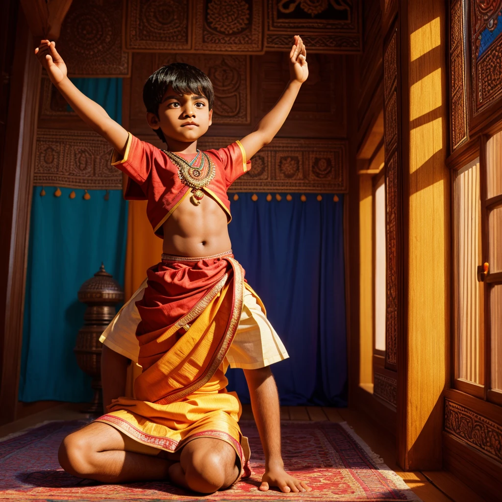 cute  Indian boy, praying pose, Indian ethnic clothing, cartoon style, highly detailed, vibrant colors, warm lighting, dynamic composition, 4k, photorealistic, masterpiece