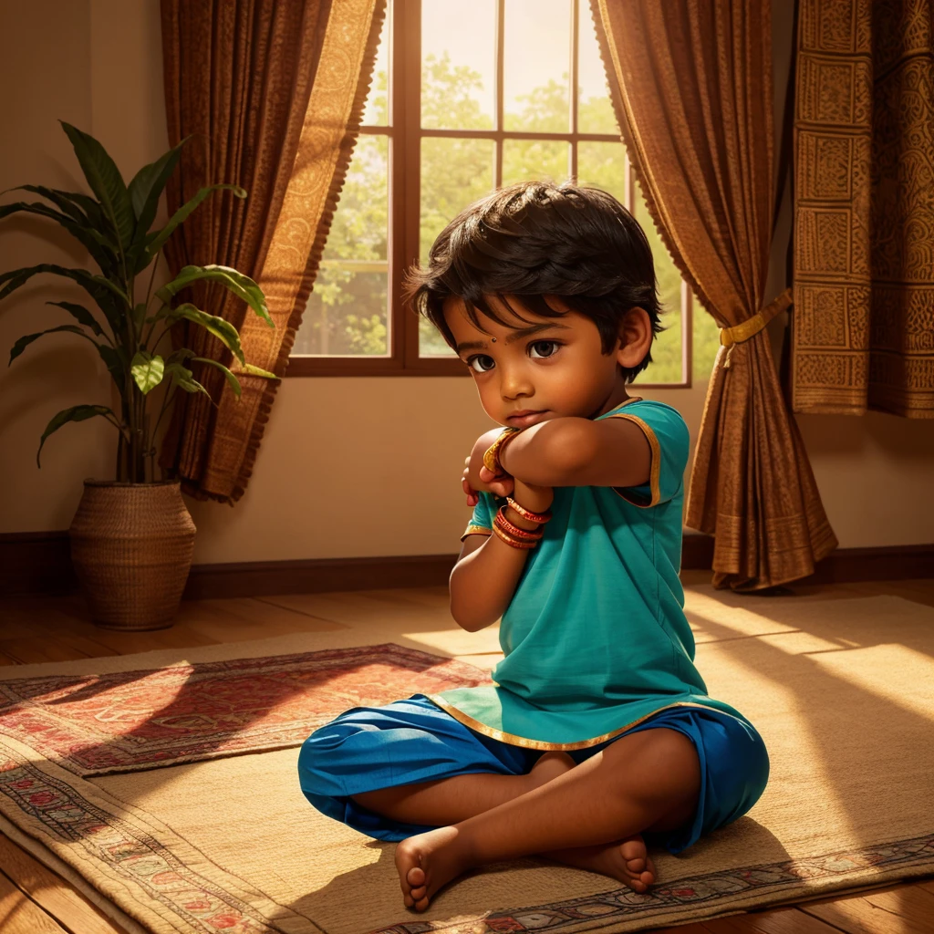 cute Indian boy, praying pose, Indian ethnic clothing, cartoon style, highly detailed, vibrant colors, warm lighting, dynamic composition, 4k, photorealistic, masterpiece