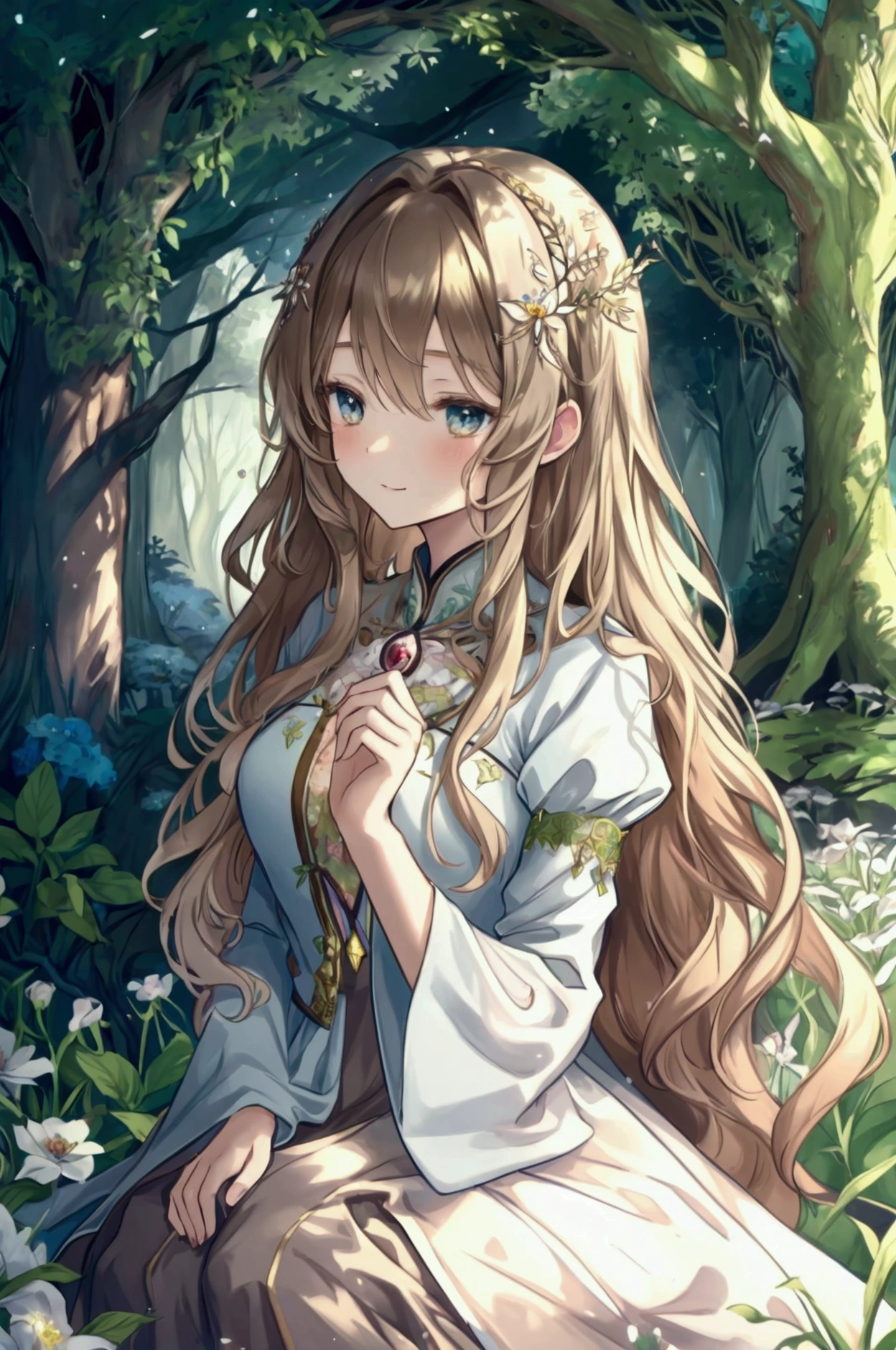 (Masterpiece), ((Highest Quality)),(Official Art),beautiful nature: 1.2),(1 solo anime character: 1.3). A regal high queen with wavy light brown hair and amber eyes, wearing flower hair ornaments under ethereal lighting. Clad in a beautiful yet modest dress made of earthy tones, rich textures, and intricate embroidery that draws inspiration from nature, she stands gracefully in a lush, enchanted forest. Subtle wisps of mist swirl around her, creating an otherworldly atmosphere. Her expression is a blend of gentle smile and wistfulness. Detailed picture. Detailed eyes. Detailed environment. Mature artstyle (no moe). Soft fairytale picture Arthur Rackham-style. Colorful, best detailed ((super detailed)), (highly detailed 2D anime illustration), ((natural and beautiful))