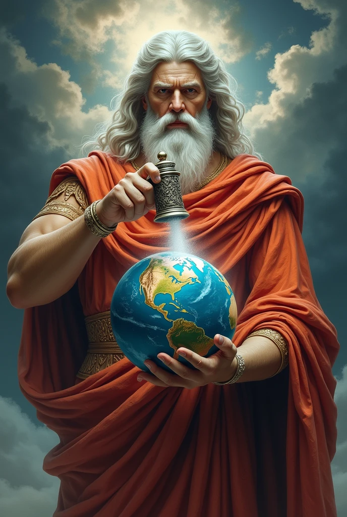 Greek god who holds the Earth in his hand and pours salt on it with his other hand using a salt shaker.