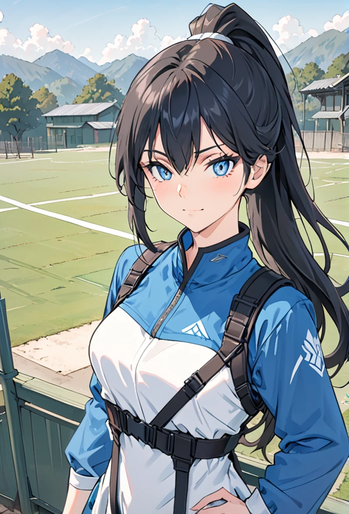 {{upper body}} {{Artist: sincos}} 1 woman, sharp and sexy female, black hair, long hair, hair in a ponytail, lidded eyes, electric blue eyes, no smile, lithe body, tall, tactic wear, harnesses, training grounds, standing, hand on hip, pov, good quality.