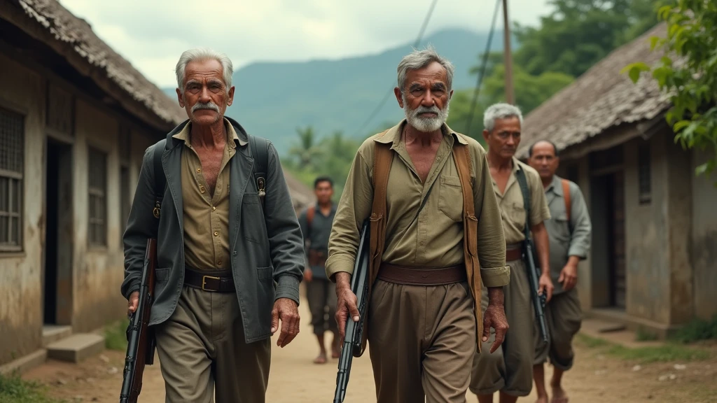 Old khmer men around 50 years old walking nearby the old village and on their hand holding guns view from above 8k