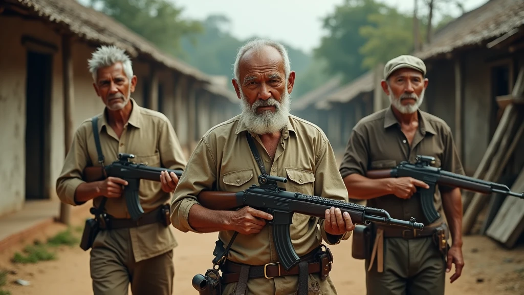 Old khmer men around 50 years old walking nearby the old village and on their hand holding guns view from above 8k  