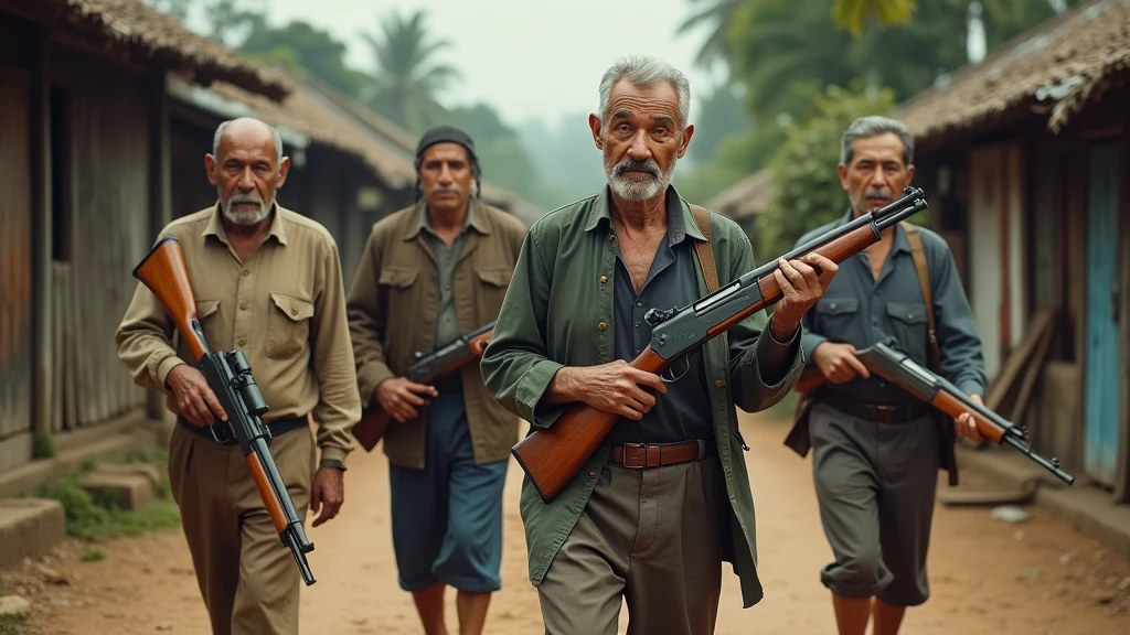 Old khmer men around 50 years old walking nearby the old village and on their hand holding guns view from above 8k  