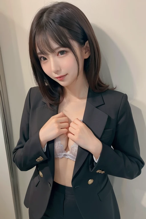 OL,business suit、The chest is open、F Cup、Seductive Pose、Hands on the chest、白いパンツ