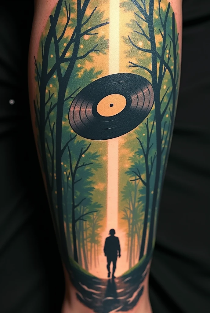 A realistic tattoo of a vinyl record flying diagonally over a forest and a white light descending from the center of the record to the ground above a person