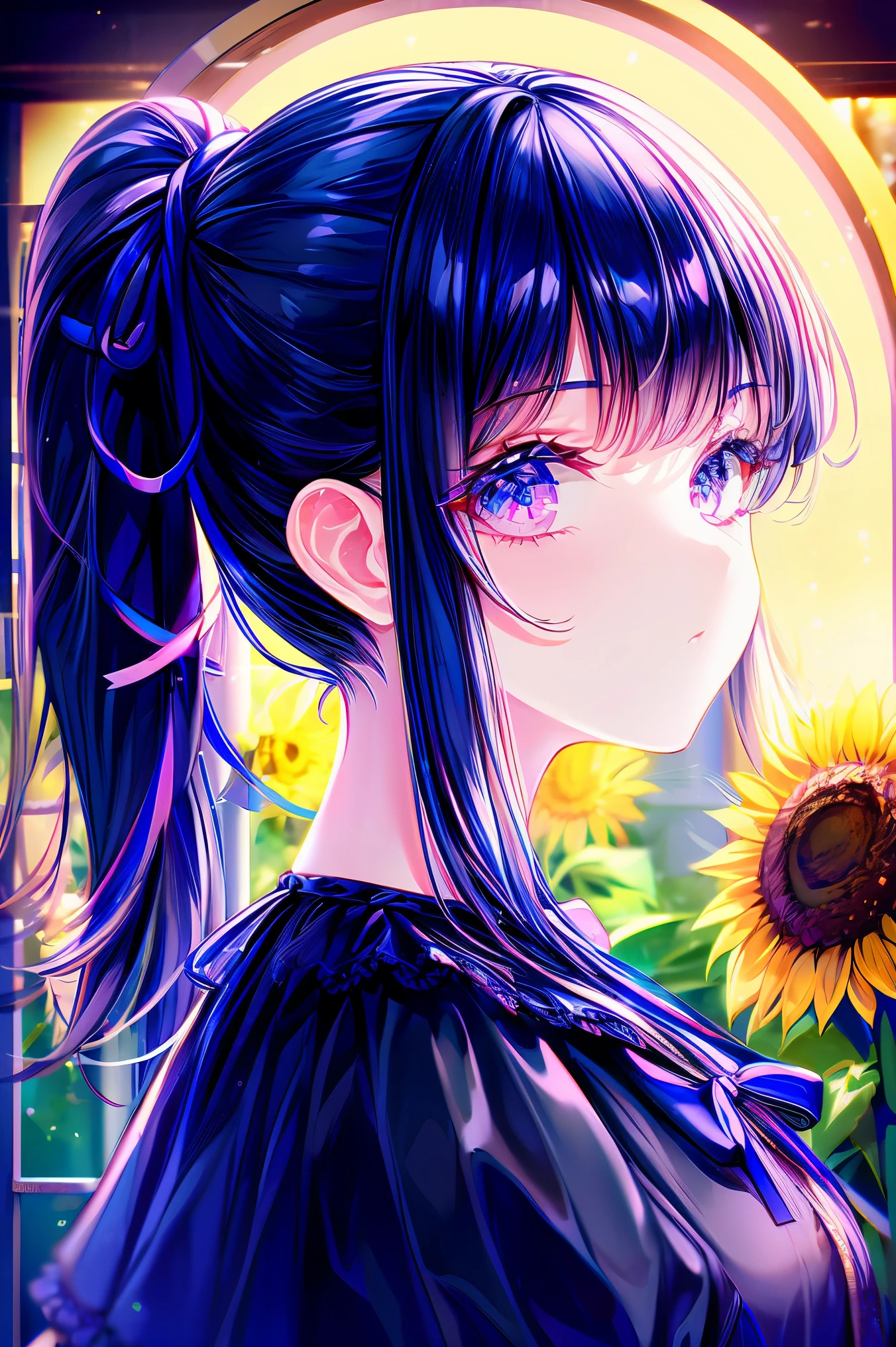 dark blue hair, short ponytail, ribbon, reflection light, anatomically correct, textured skin, masterpiece, accurate, high quality, highres, best quality, high details, 16k, Gothic ****ta, ****ta fashion, 16 year old girl, Sunflowers in the background, Summer vacation