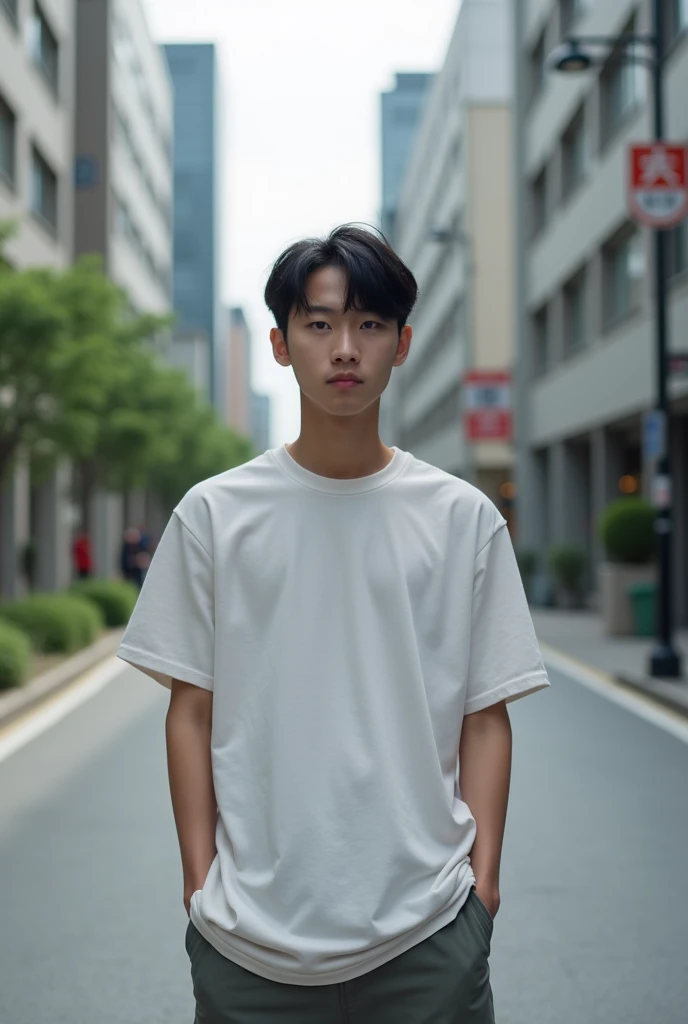 23 years old　Japanese　male　university student　Hairstyle parted in the center　I can see your forehead　Simple Outfit　color of clothing（monotone）　Full body photo（Photos where the face is hard to see）　place（Urban city）　
