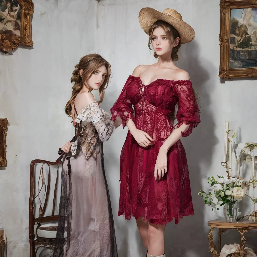 hyperealistic photo A full body shot of two beautiful brunette  amd blondie woman, Two Instagram models wearing short burgundy off-the-shoulder lace dresses and black cowboy boots pose in the living room, which is decorated with white walls adorned with vintage decor. The first model has long blonde hair tied back into an updo hairstyle while holding her hand on one hip; she stands next to another brunette woman dressed like herself, no face showed only seen from behind wearing a Cowboyhat. The second lady sports medium-length curly brunette hair and carries a small purse over shoulder.ultra-realistic photograph captured, high-resolution quality ,detailed face, 8k