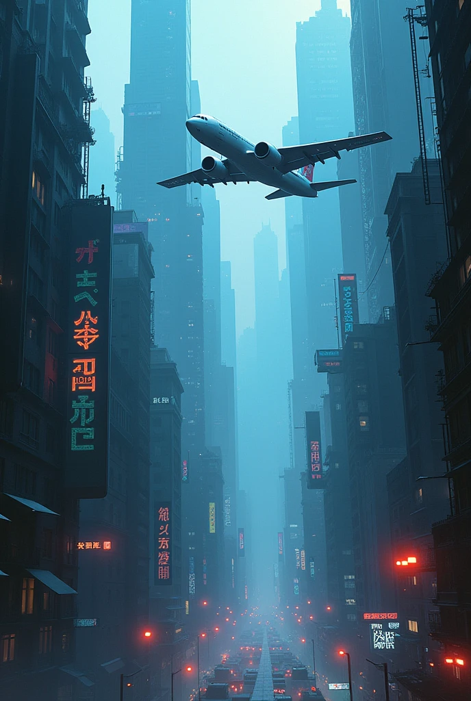 Cyberpunk World，There is a plane in the sky，Intense light and shadow，The lighting is cool，Hand-drawn，Dreams are magical