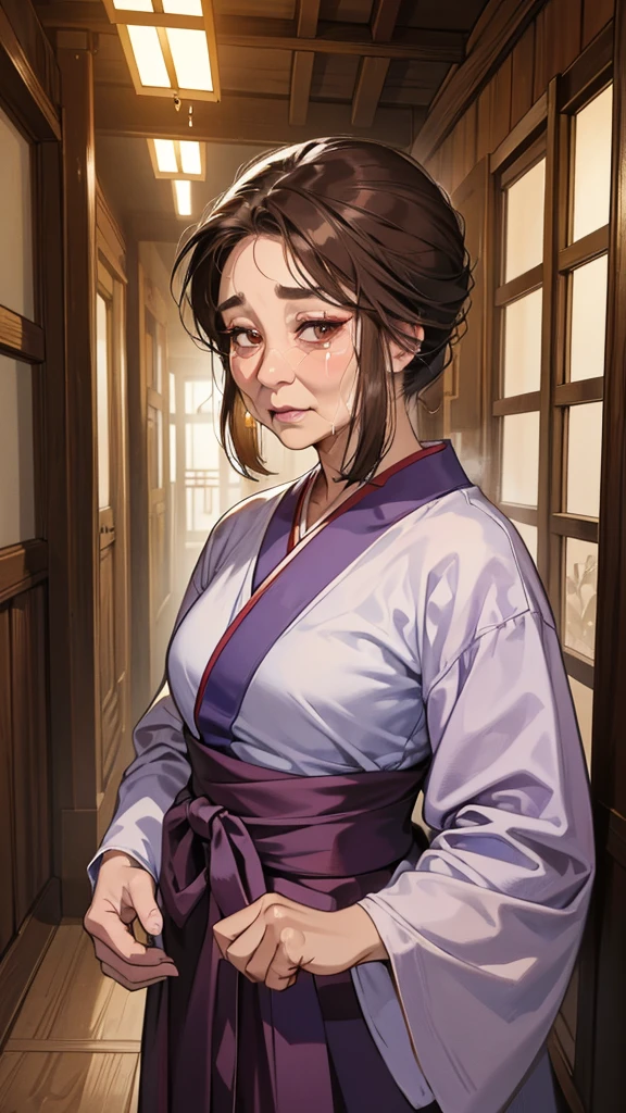 absurdres, highres, ultra detailed),masterpiece,best quality,high resolution,8k,Realistic face,Realistic skin texture,magnified textures, stunning clarity,(ultra detailed eyes and face),(1 old woman:1.5),65 years old,(ugly:1.2),(asian:1.3),brown hair,middum hair,one grid eyes,long nose,(old woman:2.0), (Scared:1.4)white kimono,purple hakama,look at viewer,Steampunk in the edo Period,(dark corridor)、night,Frightened pose、 (wrinkles skin:2.5),cowboy shot,