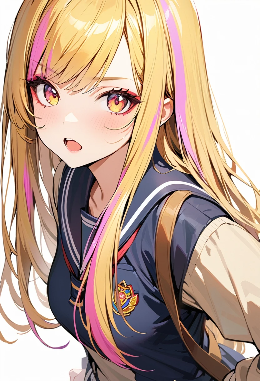 super detail, 1girl, natural makeup, long hair , yellow hair, pink streaked hair, school uniform, hand on hip,looking at viewer,open mouth,white background
