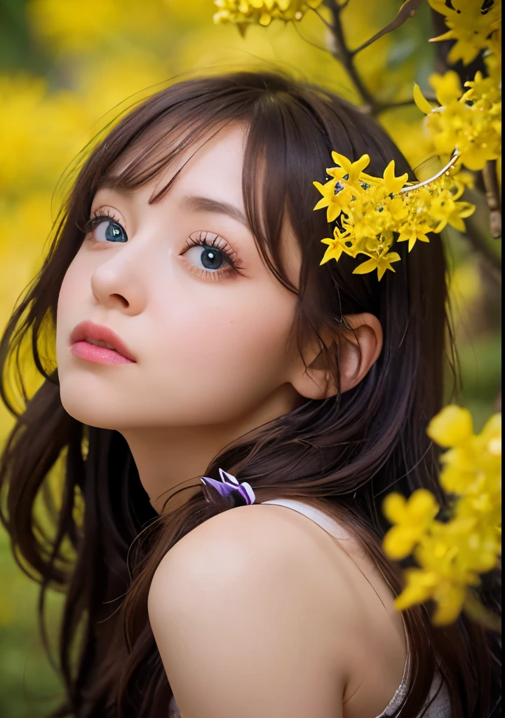Psychedelic world、Gothicta、Cute 1、18-year-old girl、Big eyes、Small breasts、Light Goldenrod Yellowの髪、Colorful flowers background、Fractal Background、Perfect lighting、Sharp focus、High resolution、High resolution、High color reproducibility、High resolution、Advanced Processing、Ultra-realistic、Realistic 