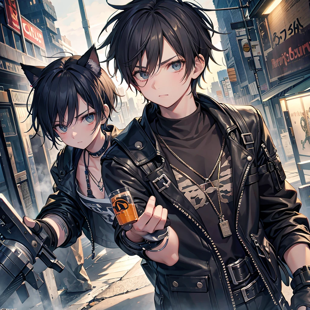 a cute male with slightly spiked hair, apocalyptic bandit gear, broken down mechanic, wearing goggles, teenager, cat ears, cat tail, (best quality,4k,8k,highres,masterpiece:1.2),ultra-detailed,(realistic,photorealistic,photo-realistic:1.37),portrait,post-apocalyptic,dystopian,muted colors,dramatic lighting