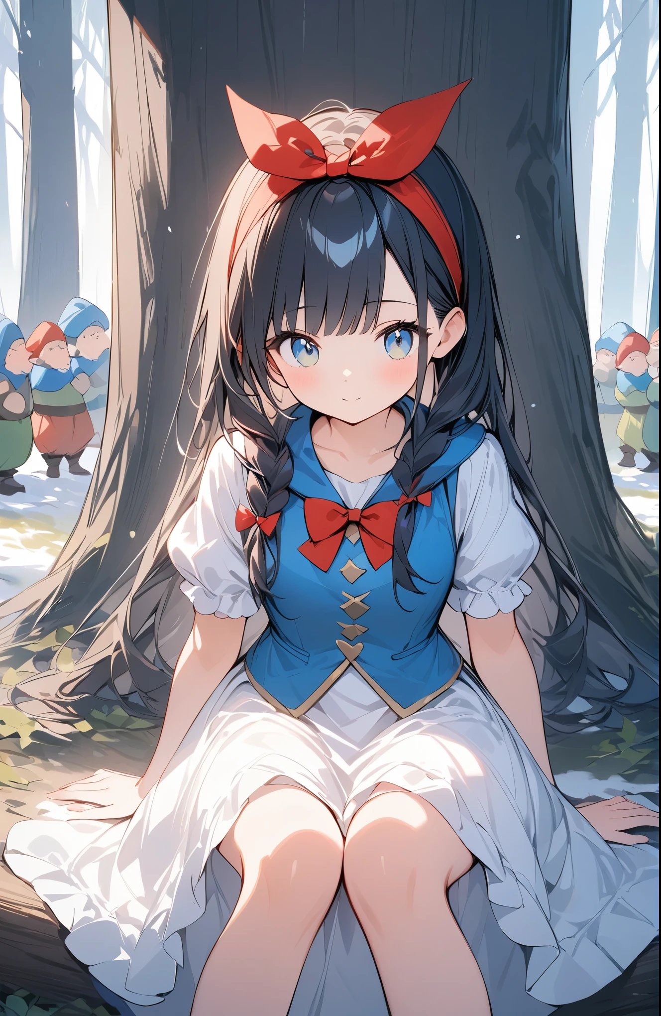 ((Amazingly absurd)),超High resolution, Attention to detail, high quality, High resolution, 最high quality, 4K, 8k,BREAK,in the forest,snow white,Big Red Ribbon,((White Dress,Blue Vest)),((The Seven Dwarfs))、sit