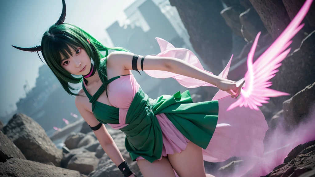create a full-body female Genshin Impact character, with medium hair down to the waist in pink, skin fair, green eyes mixed with purple, Her clothes on top are a dark green bodysuit and a green and white semi-decorated dress on top and the quality is very good.