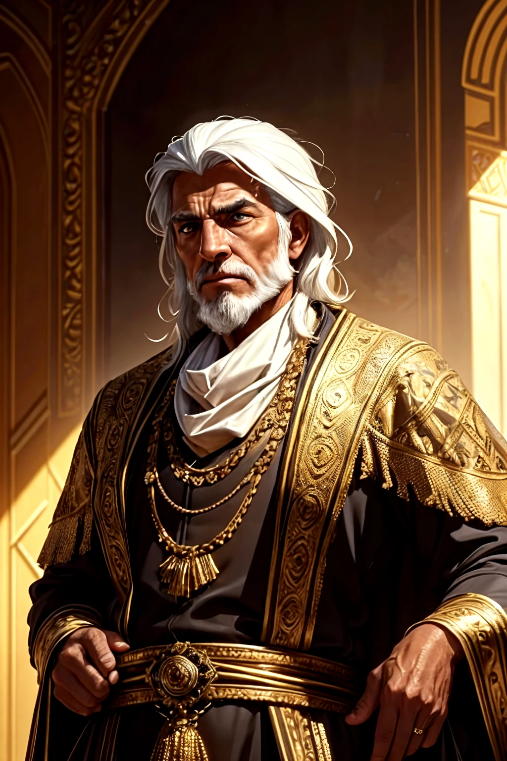 A close up of a man in a gold and black outfit - SeaArt AI