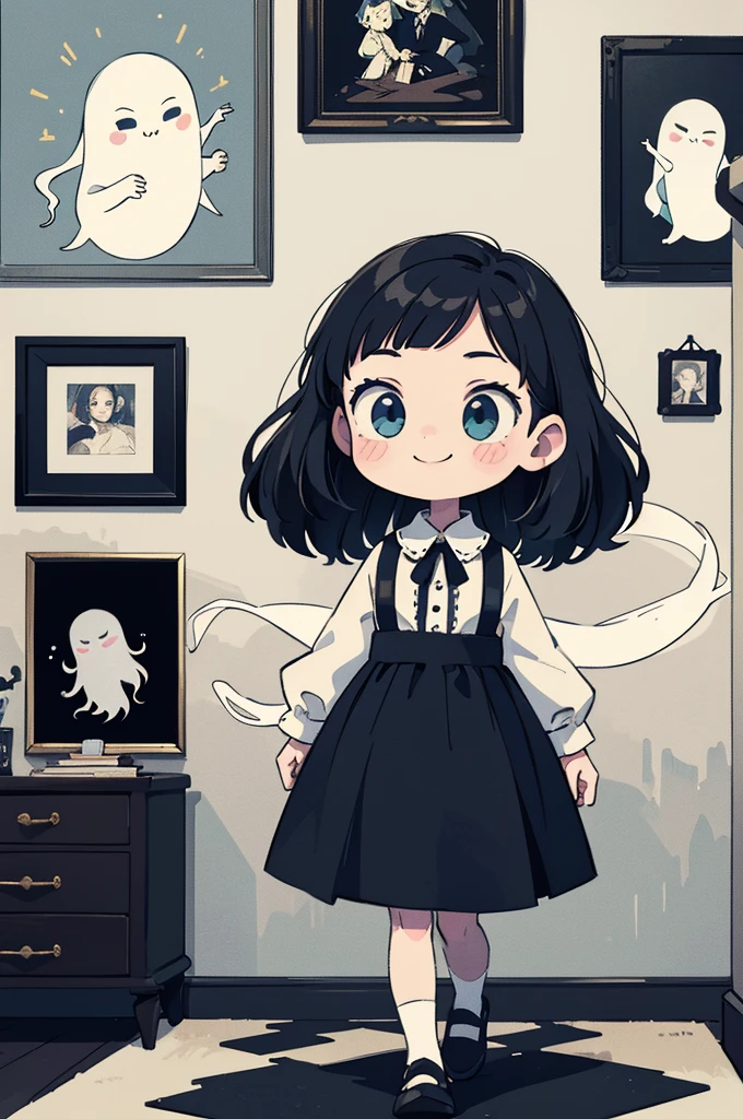 pop-art,(masterpiece, best quality:1.1), A white ghost walking in room with many pictures of ghost photos,detailed face,smile,collage artwork, nostalgic melancholic artwork, collage art, photo collage, cmyk palette, collage art background, a contemporary artistic collage,(dark atmosphere),