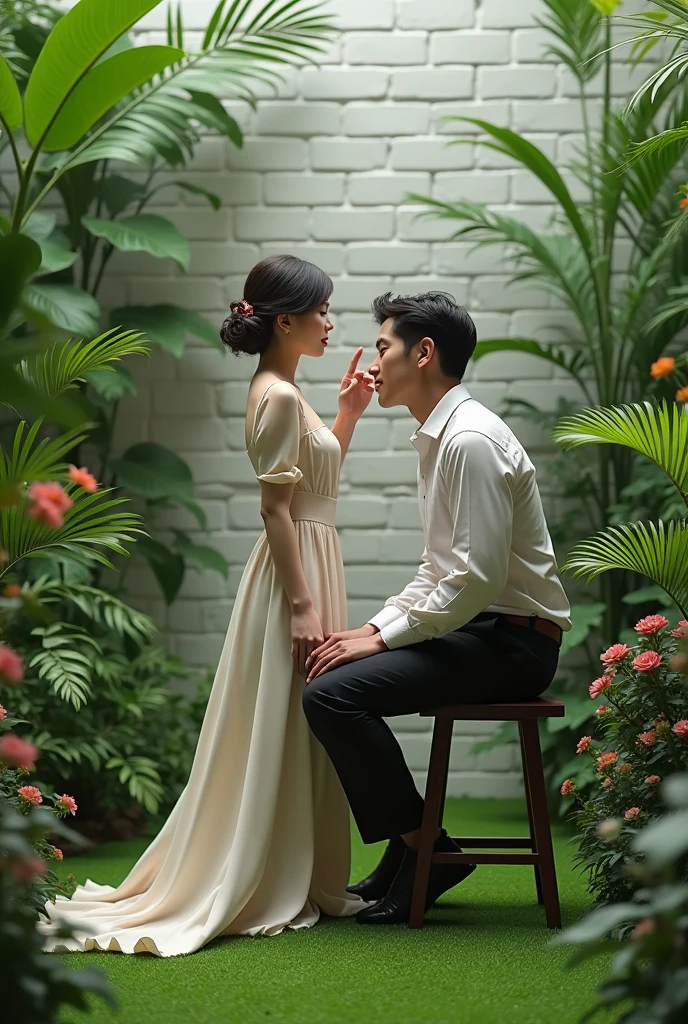 (Photorealism )   [21 : 9] The image shows a couple posing in a lush, green, indoor garden setting. The woman stands to the left, slightly leaning into the man who is seated on a tall stool. She has her left hand gently placed on his right shoulder and his arm resting on her waist. She is dressed in a simple, elegant outfit: a black short-sleeved top tucked into a long, high-waisted cream-colored skirt that reaches down to her ankles. She is wearing nude-colored, low-heeled shoes. The man is seated on the stool with his hands resting on his knees. He is wearing a casual yet neat outfit: a dark, long-sleeved shirt with the sleeves rolled up, beige chinos, and black ankle boots. He looks straight into the camera with a calm expression. The background is filled with various green plants and shrubs, creating a serene, natural atmosphere. The white brick wall behind them is partially visible through the foliage, adding a subtle contrast to the greenery. The floor is covered with green artificial grass, which, combined with the plants, gives the space an almost outdoor-like feel despite being indoors. Overall, the composition of the image is intimate and tranquil, with the couple's close proximity and the lush, vibrant greenery surrounding them contributing to a warm and peaceful mood. The woman has a delicate and refined facial structure with soft features. Her face is slightly oval, and she has high cheekbones that subtly enhance her gentle expression. Her complexion is fair, and her skin appears smooth and flawless. Her dark hair is neatly pulled back, accentuating her slender neck and graceful posture. Her eyes are almond-shaped, and she has a serene, almost serene gaze directed towards the camera, giving her a composed and calm appearance. Her lips are naturally full and slightly curved into a gentle, content smile. The man has a more angular facial structure, with a strong jawline and prominent cheekbones. His broad face and dark, thick hair, neatly styled, frame hi