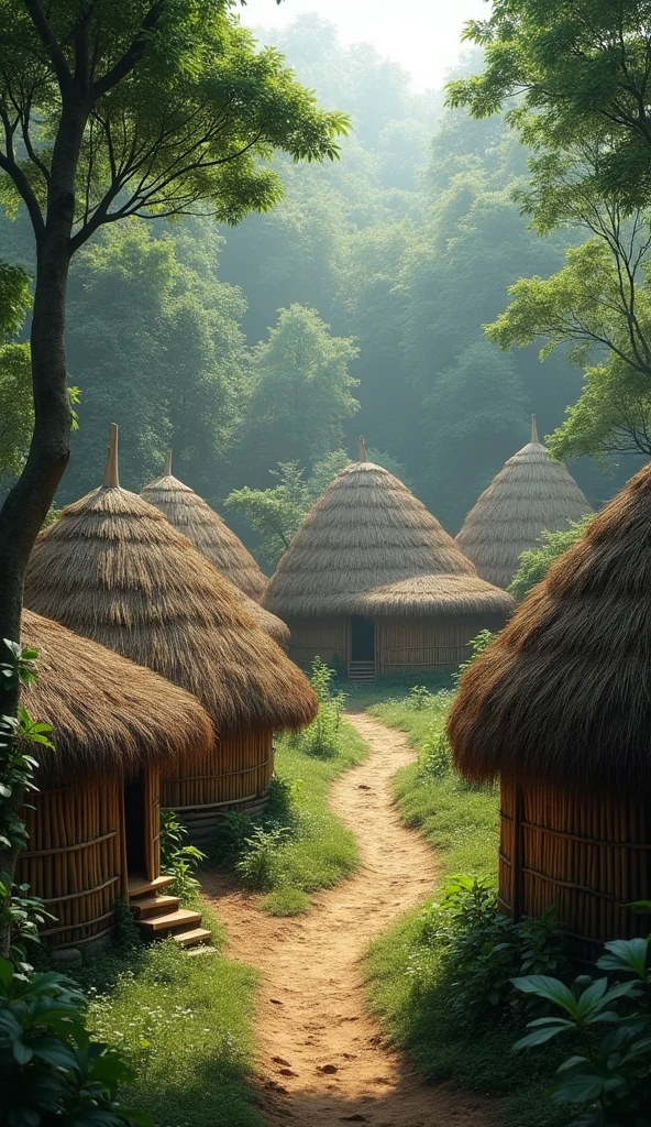 A Vedic-era village hut with huts made of straw, walls made of bamboo. Filled with forest around the village black and white image generate realistic There are 20-25 huts in the village