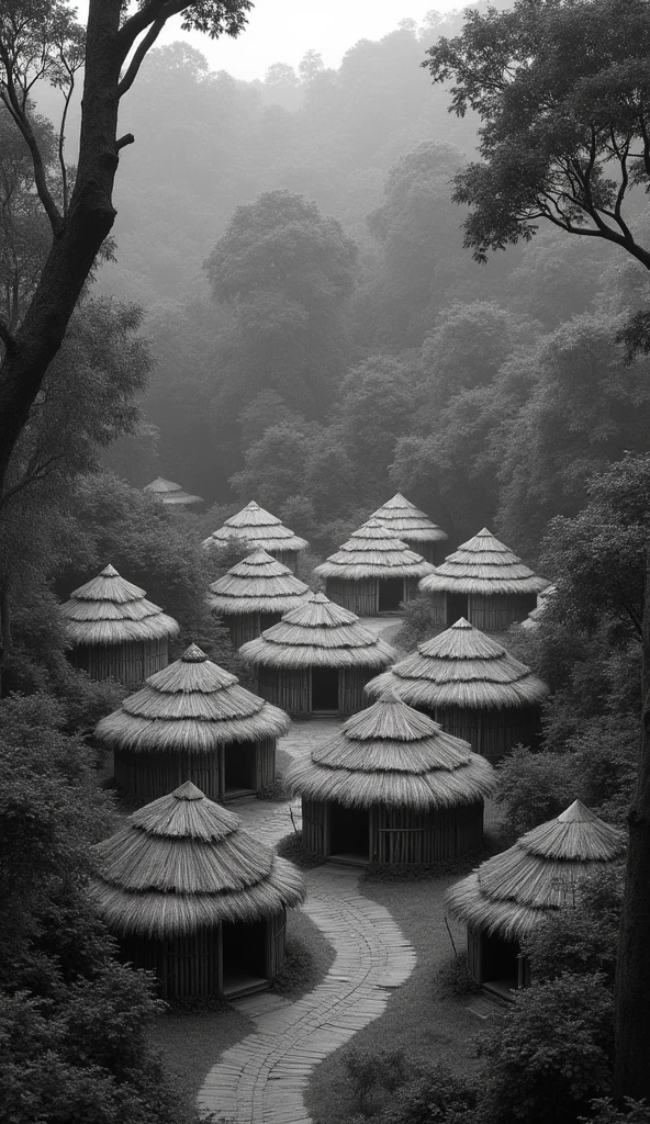 A Vedic-era village hut with huts made of straw, walls made of bamboo. Filled with forest around the village black and white image generate realistic There are 20-25 huts in the village