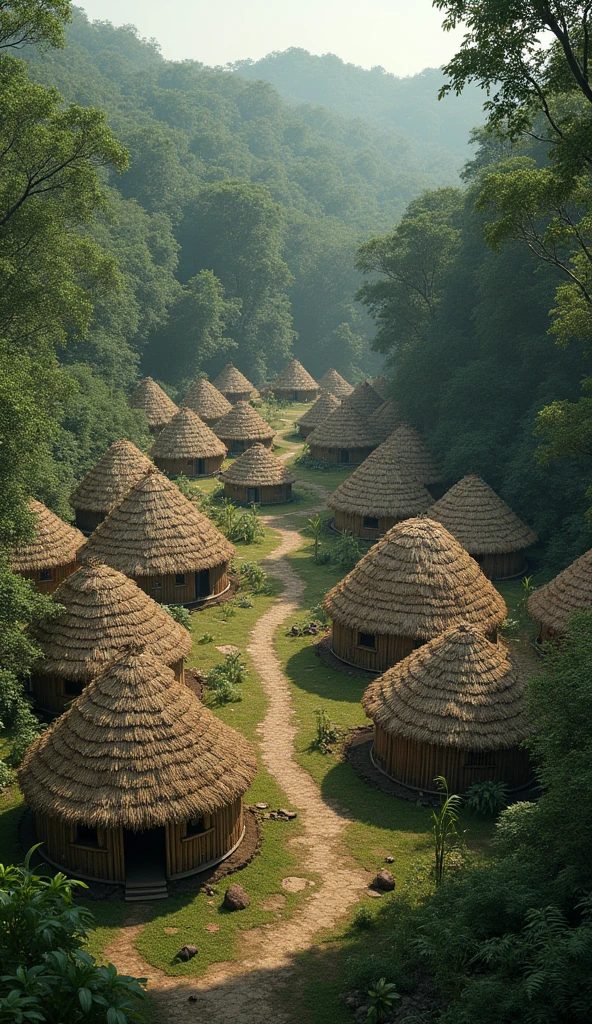 A Vedic-era village hut with huts made of straw, walls made of bamboo. Filled with forest around the village black and white image generate realistic There are 20-25 huts in the village
